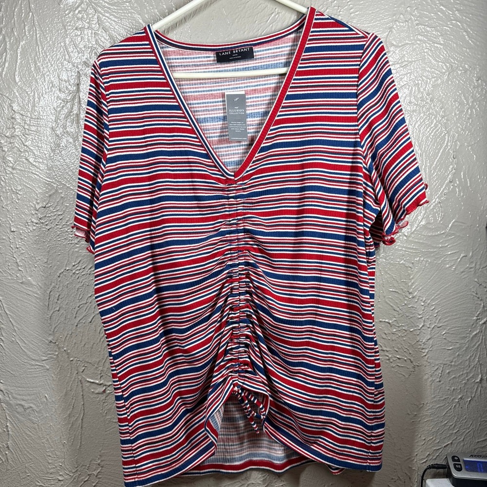 Lane Bryant Short‎ Sleeve Scrunch Front Bell Sleeve Red Striped Shirt Size 18/20